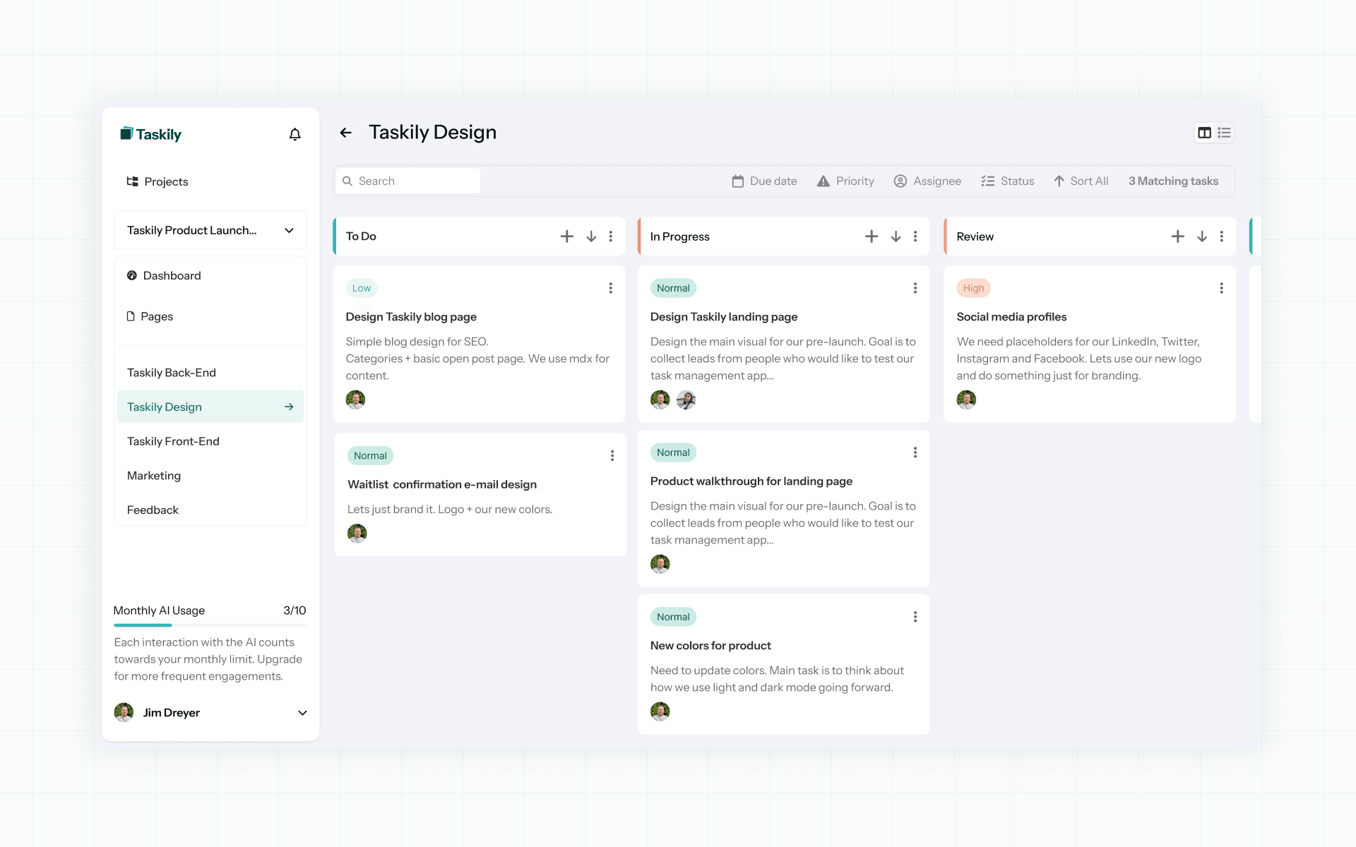 Taskily projektijuhtimis tarkvara töölaua UI UX disain