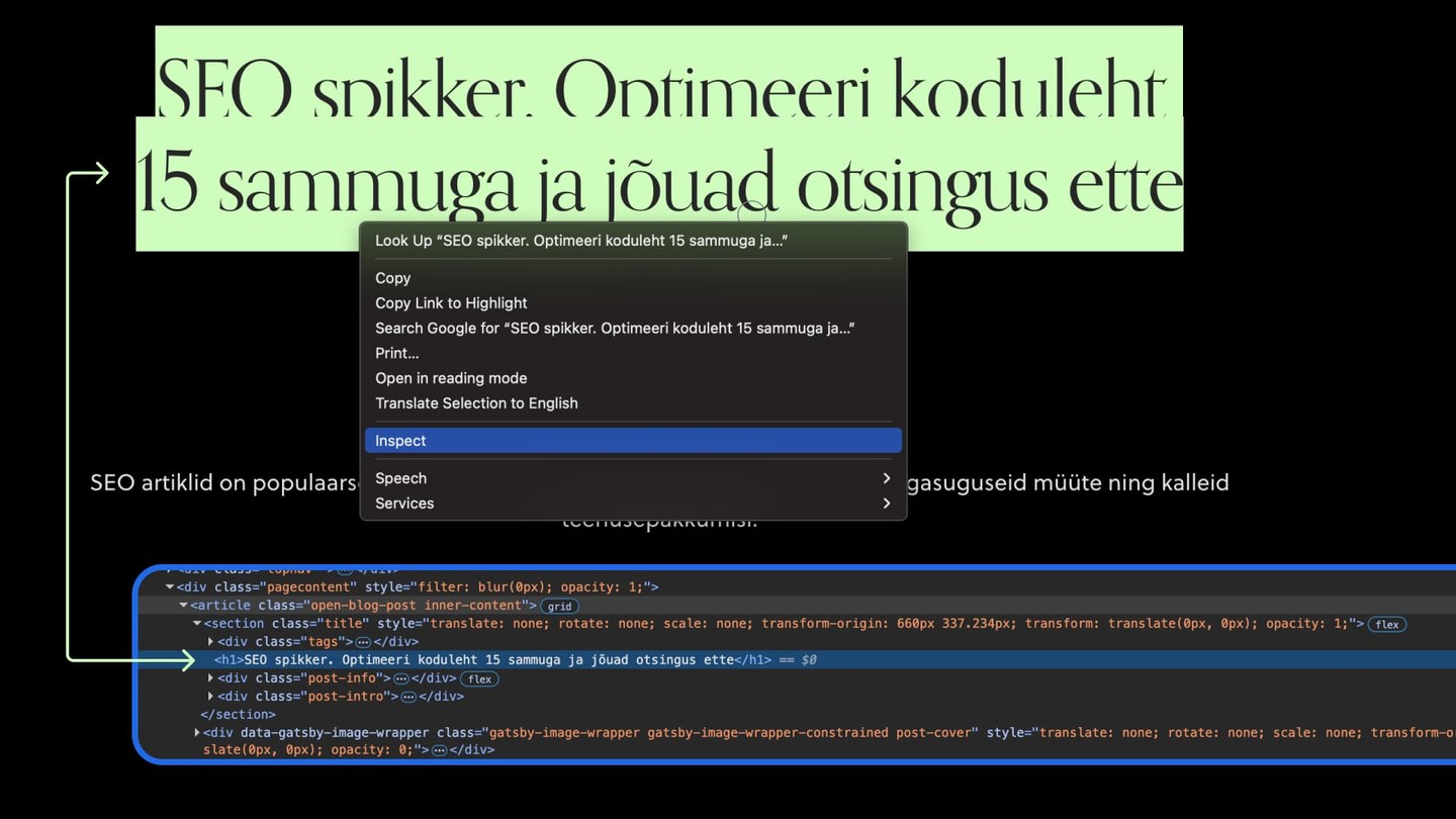 Kodulehe koodi inspekteerimine SEO parandamiseks