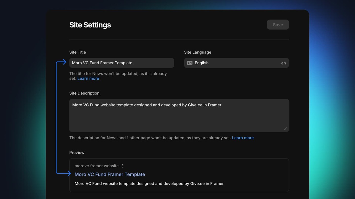 Kodulehe title tagi seadistamine SEO jaoks Frameris
