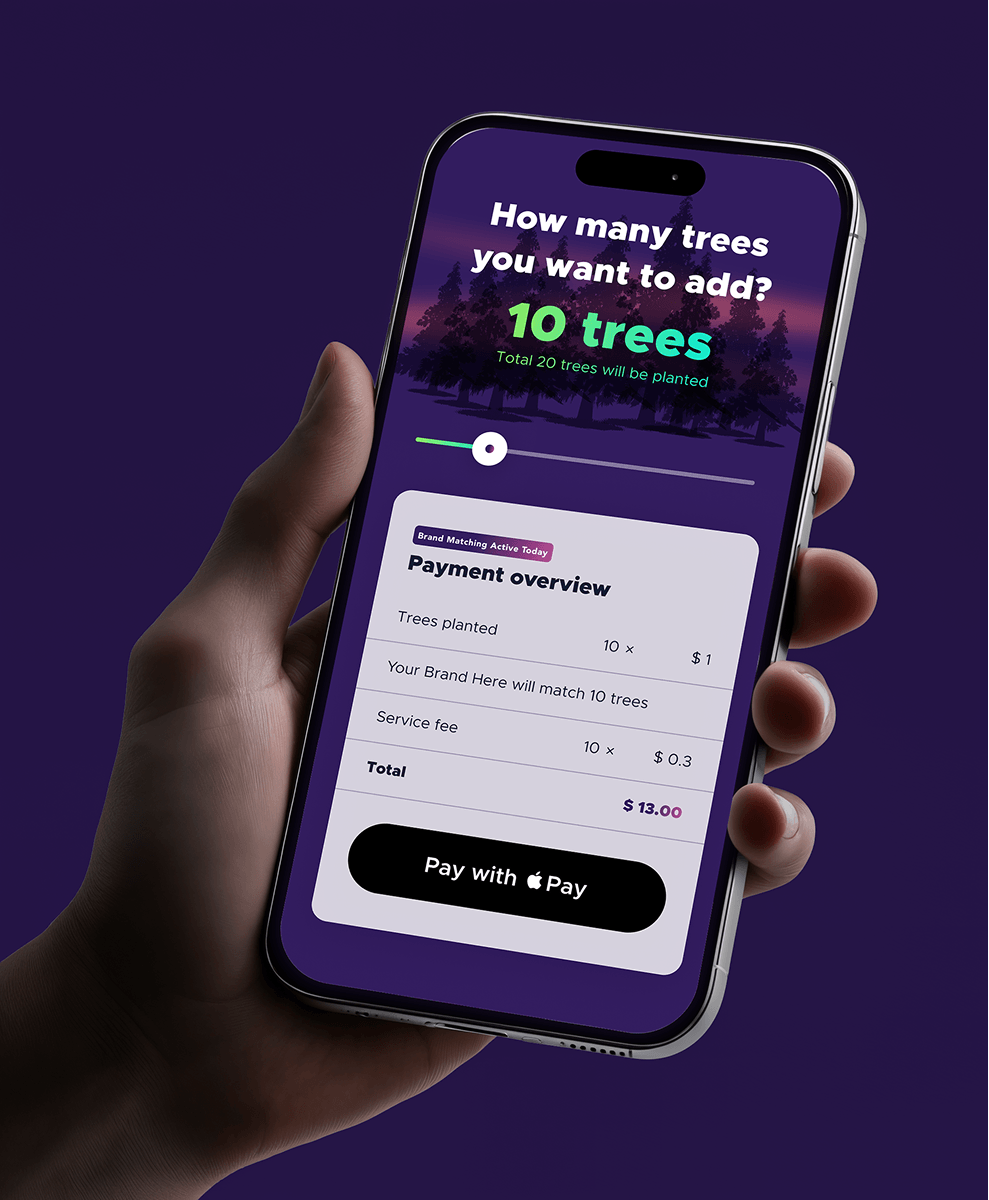 Kliimatehnoloogia startupi mobiilirakenduse UI ja UX disain, kus kasutaja saab kinkida puid Apple Pay kaudu.