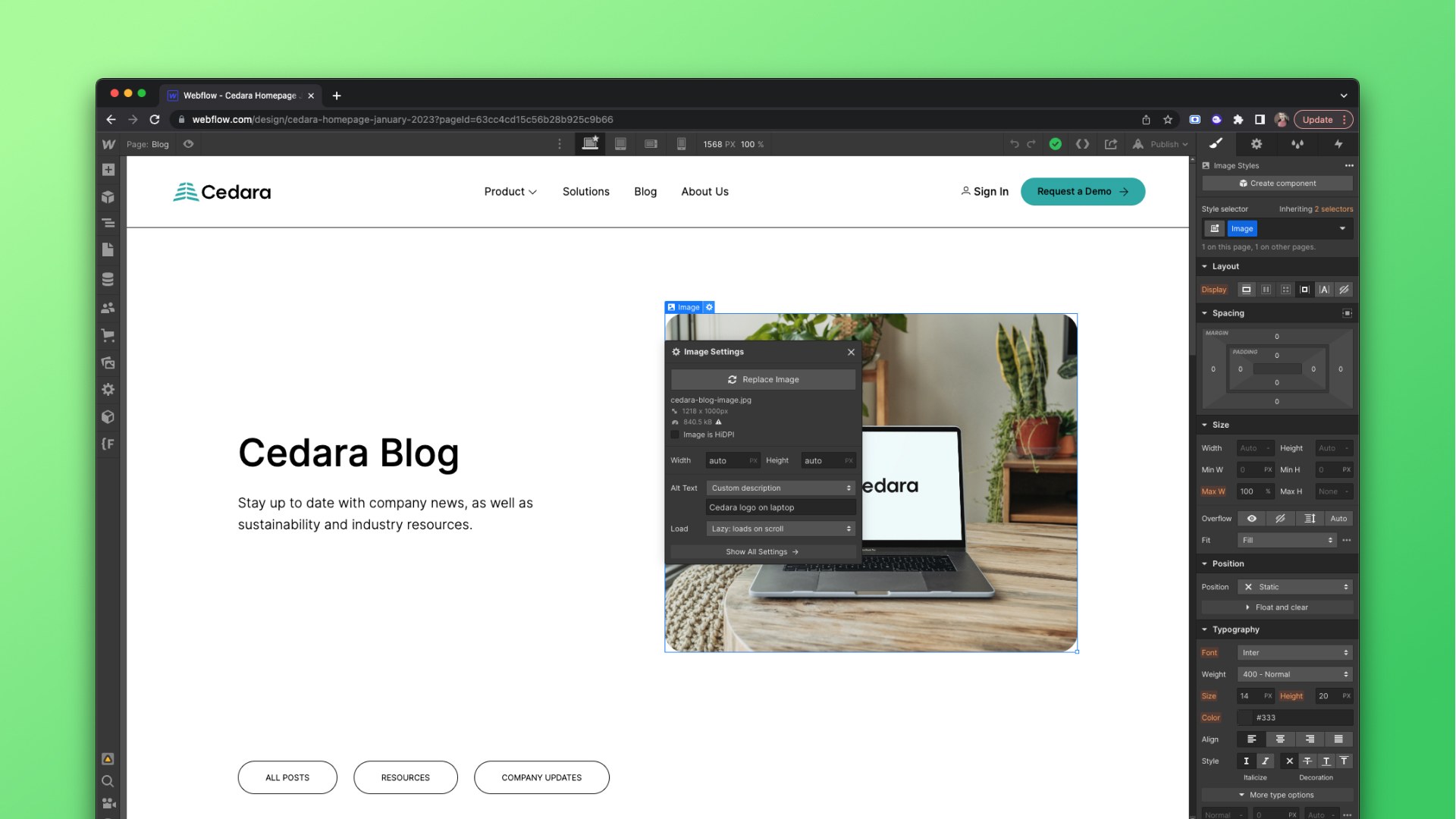 Webflow töölaud koos kodulehega