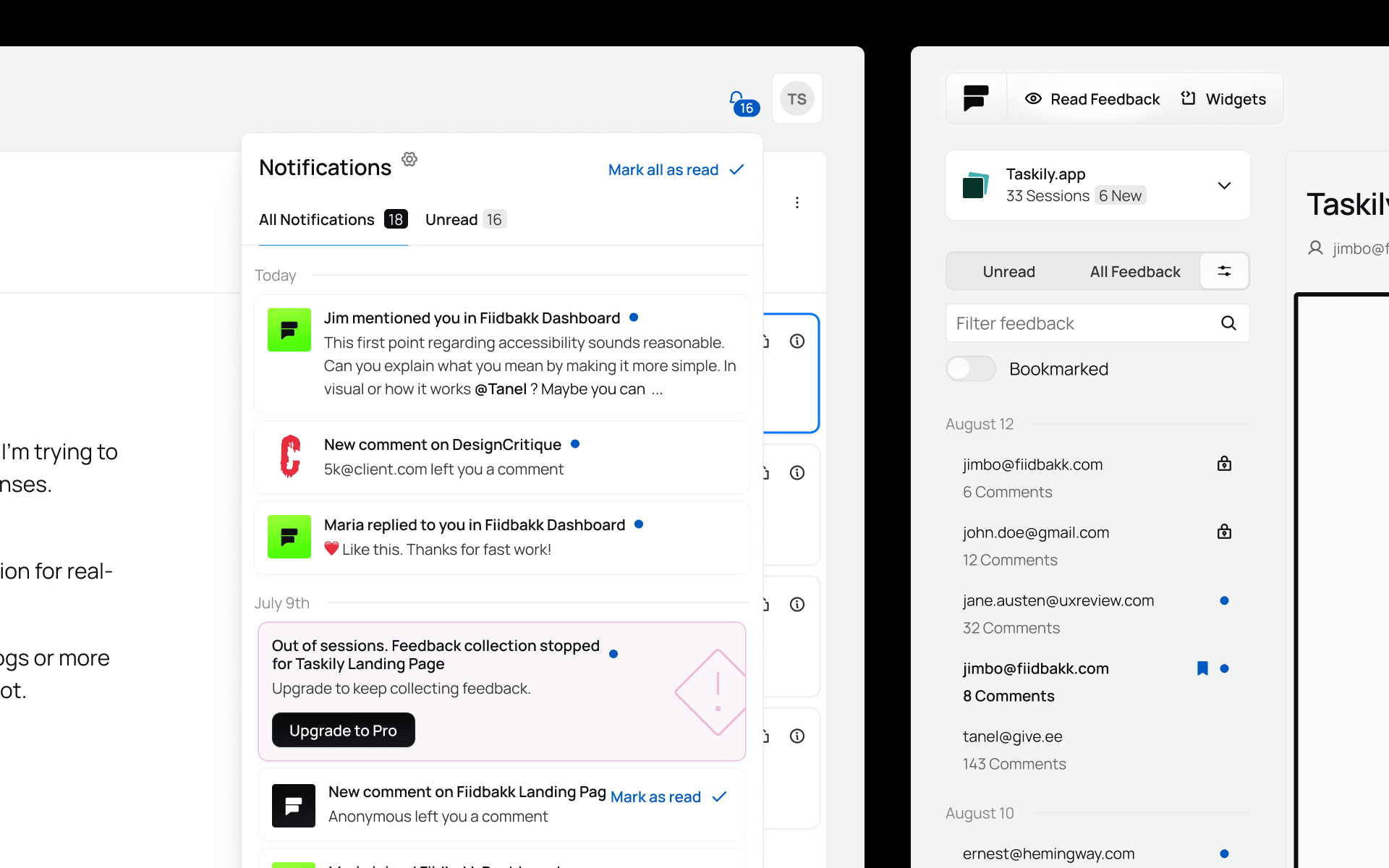 Fiidbakk töölaua UI/UX detailid